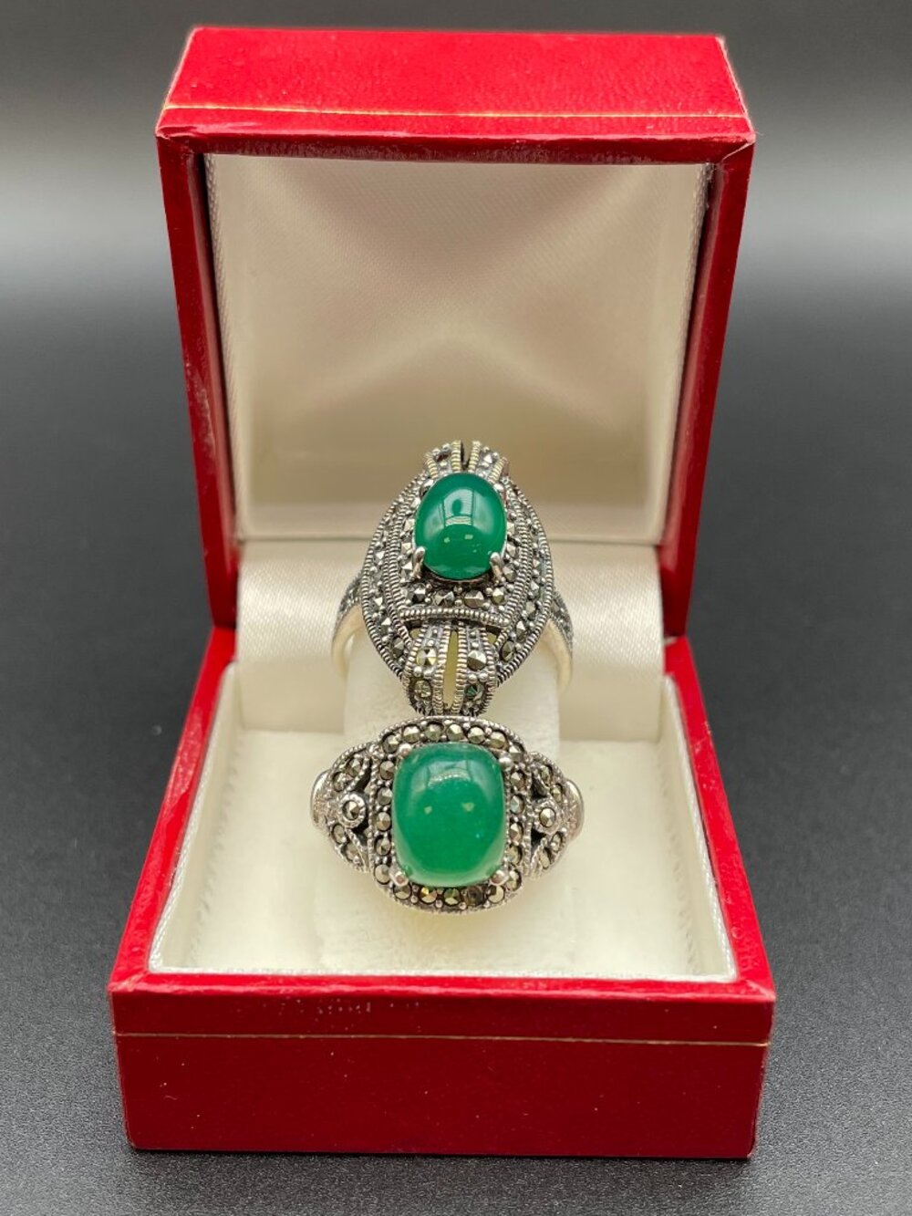 Vintage Art Deco Jade and Marcasite Ring Set